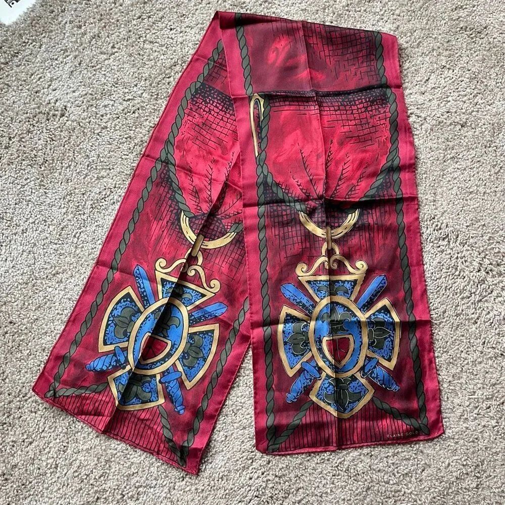 VTG Silk Scarf Elaine Gold Crest Shield Red Gold Equestrian Wrap 50